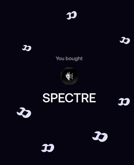 A confirmation screen showing a purchase of the 'SPECTRE' token on what appears to be a crypto trading platform with a dark themed UI.