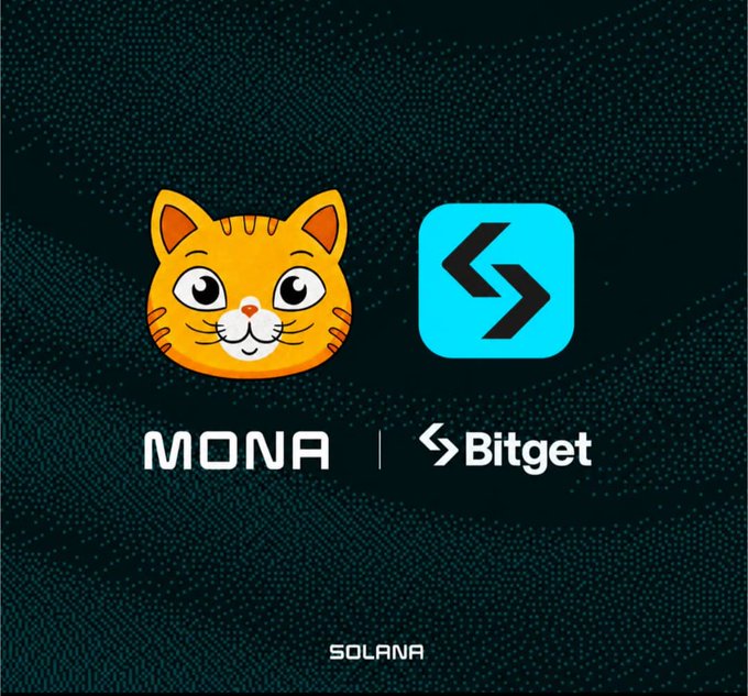 The image features a promotional graphic showing the Mona orange cat logo alongside the Bitget exchange logo, with "MONA | Bitget" text and "SOLANA" branding at the bottom against a dark teal dotted background. This visually represents the announced MONA token airdrop listing on Bitget via the Solana blockchain, as referenced in the accompanying post about claiming free $MONA tokens.