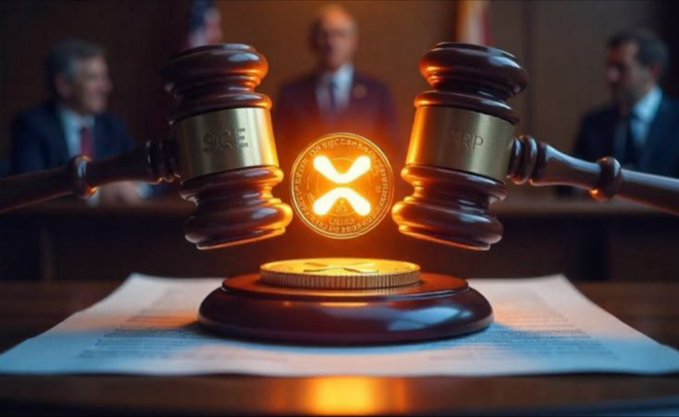 Two wooden gavels marked "SEC" and "XRP" flank a glowing XRP token on a courtroom podium, symbolizing the regulatory clash and pivotal CLARITY Act/Fed decision crossroads for XRP at the $1.30 level.