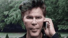 A man can be seen talking on a cell phone with a smile. The background features a green tree-filled area, giving off a natural atmosphere. In relation to this scene, there is a caption that reads "With $spcx you got to go in with a QUICK MONEY MINDSET Don't #HODL it long term Pump & dump and get out & wait 2-3 years for the price to flatten out & let bag holders hold while you enjoy your GAINS". This caption relates to the man's actions, showing that he is investing his time and money with a quick return on investment mindset.