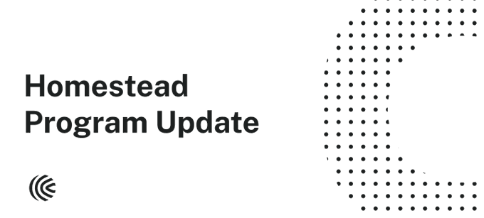 A minimalist graphic displays the text "Homestead Program Update" alongside a dotted circular design, serving as a header for the announcement that caps emissions on the Homestead program are being reduced by 10x, with specific rates outlined for cUSD holdings, YT-cUSD/LP-cUSD, stcUSD/LP-stcUSD, and Cap-related lending markets.