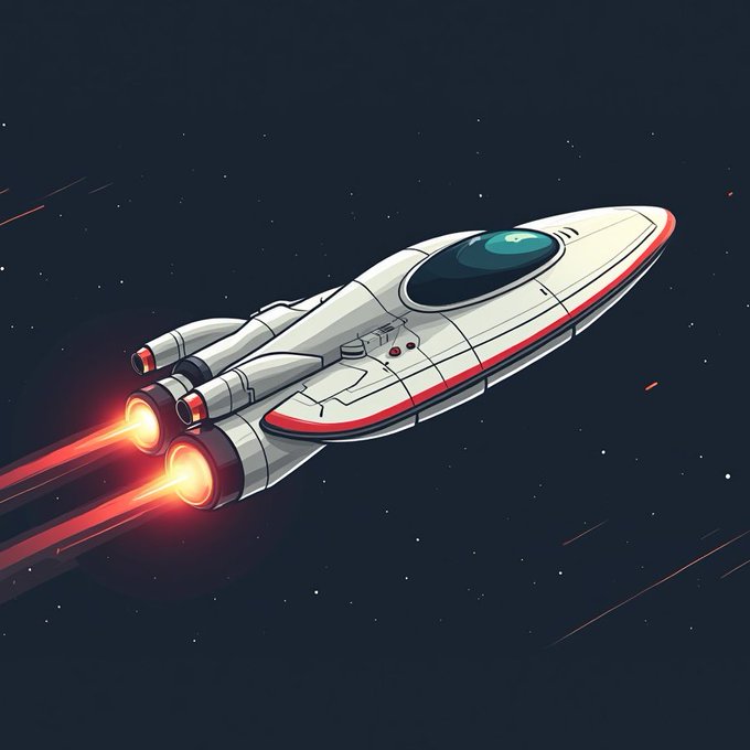 Stylized cartoon illustration of a white and red spaceship with glowing red thrusters flying through a dark starry space background.