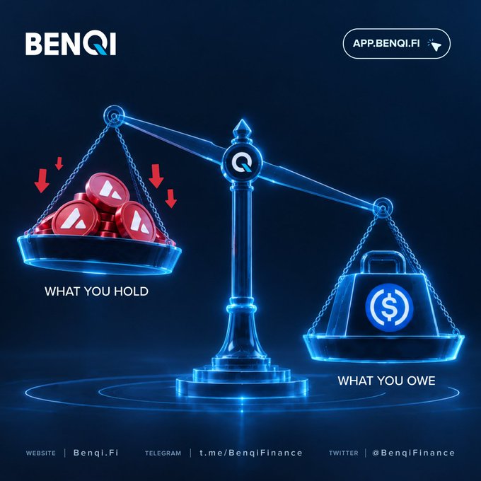 A promotional graphic for 'BENQI' showing a glowing blue scale balancing a pile of red Avalanche tokens labeled 'WHAT YOU HOLD' against a weight labeled 'WHAT YOU OWE'.