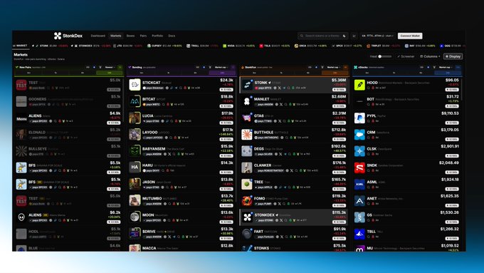 The image shows the StonkDex v1.0.2 trader interface, a dark-themed cryptocurrency trading dashboard displaying real-time token prices across multiple categories including Markets (STIKKAT at $24.38, STONK at $5.58M), Memes (TEST, ALIENS, BAALETTE, DOGGO), the StonkFun section (RUTHDLE, JASON, GANN), and Solana tokens (HOOD, DOT, PYTH, AINU). The interface showcases the platform's new portfolio, wallet, and account management features with mobile UI/UX improvements and various filter options for tracking tokens, rewards, and burns across the Solana ecosystem.