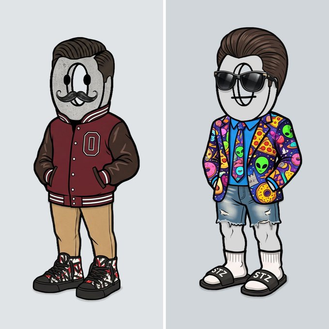 Two cartoon-style characters with textured gray faces - one wearing a varsity jacket with 'O' and patterned sneakers, the other wearing sunglasses, a pizza/alien-patterned blazer, and 'STZ' slides.