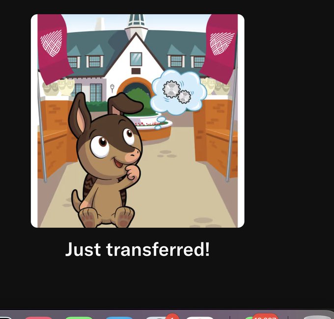 A cartoon donkey character thinks about gears outside a building, with the caption "Just transferred!" displayed below, humorously announcing a transfer (possibly to a new server, school, or group) while the post welcomes "Kyle" to explore various VeeFriends community spaces like Discord and Whatnot.