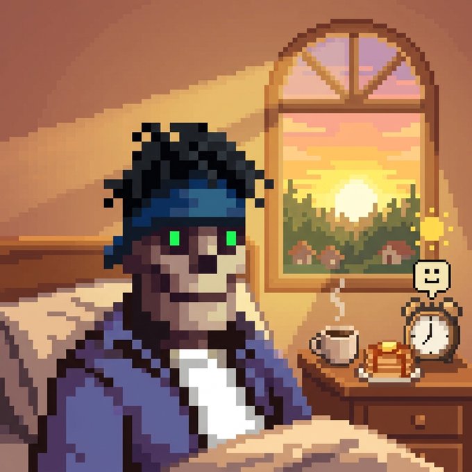 A pixel art character with blue hair and green eyes stands in a sunlit room with a breakfast table and a window showing a sunrise.