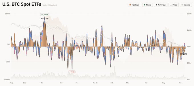 The image shows a time series of Bitcoin ETF (US-based) Total Net Flow over several months, indicating the fluctuation in value over time. The fluctuations range from positive to negative growths. It also displays various symbols for different ETFs related to Bitcoin and other cryptocurrencies such as BitBtc, Ripple, Bitcoins, and more.