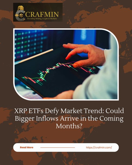 A promotional graphic by CRAFMIN featuring a hand interacting with a tablet displaying a candlestick chart, with text reading 'XRP ETFs Defy Market Trend: Could Bigger Inflows Arrive in the Coming Months?' and a 'Read More' link to https://crafmin.com/.