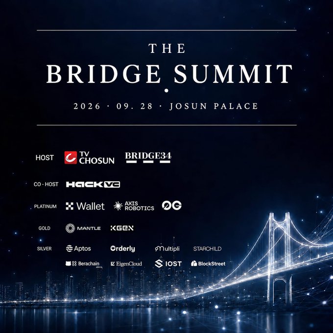 A promotional graphic for 'THE BRIDGE SUMMIT' on 2026.09.28 at Josun Palace, hosted by TV CHOSUN and BRIDGE34, featuring a glowing bridge over a city skyline and listing sponsors including Wallet, AXIS Robotics, Mantle, and Aptos.