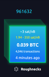 A glowing blue cube displays Bitcoin mining stats for "Roughnecks," showing a block height of 961632, a hash rate of ~3 sat/vB, a reward of 1.94 - 350 sat/vB, 0.039 BTC earned from 4,046 transactions mined 4 minutes ago, aligning with the celebratory shoutout to the mining pool.