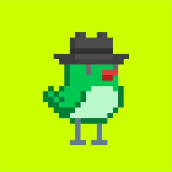 A pixel art illustration of a green, blocky bird-like creature wearing a black fedora hat against a solid yellow-green background.