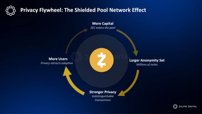The image illustrates a "Privacy Flywheel: The Shielded Pool Network Effect" centered on a Zcash (ZEC) logo, showing a four-stage cycle where higher prices drive more capital into the shielded pool, expanding the anonymity set, strengthening privacy, attracting more users, and further increasing ZEC's value. This visual directly reinforces the post's thesis that for $ZEC, the anonymity set itself is the product, creating a self-reinforcing loop where rising price strengthens the privacy guarantee.