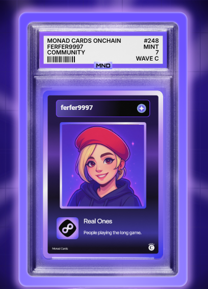 A digital trading card labeled 'MONAD CARDS ONCHAIN #248' for 'ferfer9997 COMMUNITY', featuring a cartoon avatar of a smiling woman with a red beret on a purple background.