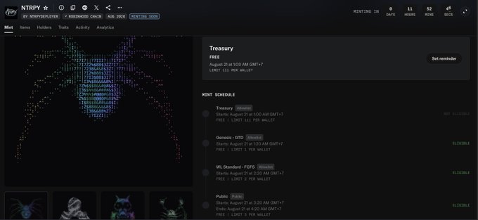 A dark-themed dashboard for 'NTRY' shows a pixel-art NFT creature, a Treasury section, and a Mint Schedule listing phases like 'Genesis - OTD' and 'WL Stealth - FCFS' with prices in GMT+7.