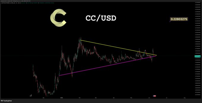 The image shows a chart with a triangle-shaped graph, which appears to be a trading indicator for cryptocurrency prices. The chart has a black background, and there are two lines on the graph that seem to represent the price of Bitcoin over time. The text "CC/USD" is displayed above the graph, possibly indicating the currency symbol or the name of the cryptocurrency being tracked. The post also mentions an upcoming pump in CC/USD, which could be a signal for investors to buy Bitcoin at a certain price point.