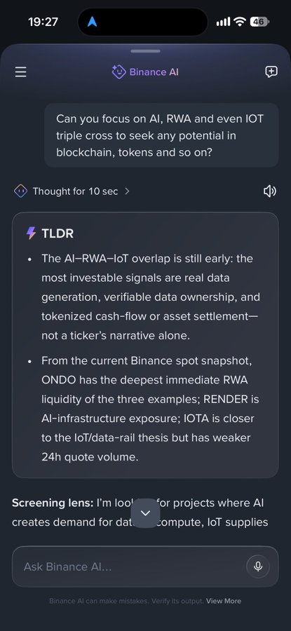 A screenshot of the Binance AI app displaying a TLDR response about AI, RWA, and IoT investments, mentioning tokens like ONDO, RENDER, and IOTA.
