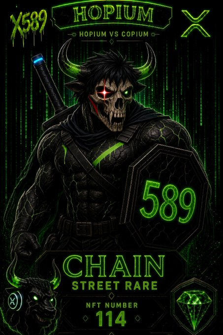 A dark fantasy NFT artwork features a horned warrior with a skull mask and green glowing accents, labeled 'HOPIUM', 'X589', 'CHAIN STREET RARE', and 'NFT NUMBER 114'.