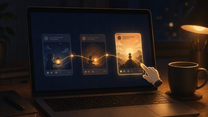 A laptop on a desk displays three phone screens connected by glowing light trails, with a digital hand cursor reaching toward them beside a coffee mug.