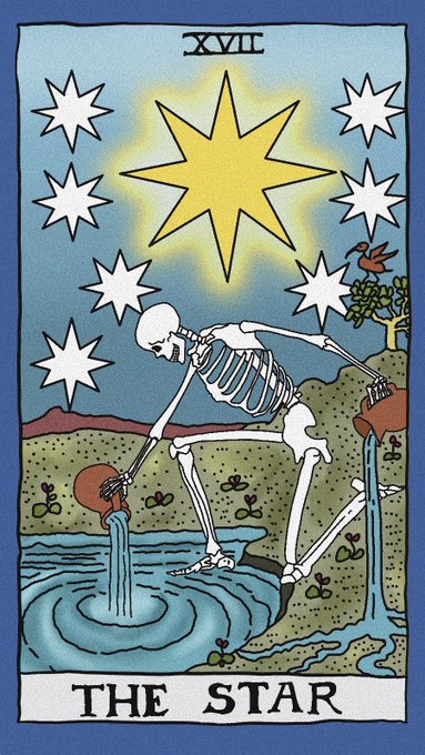 A parody tarot card of 'THE STAR' (XVII) depicting a skeleton pouring water from jugs into a stream under a large yellow star.