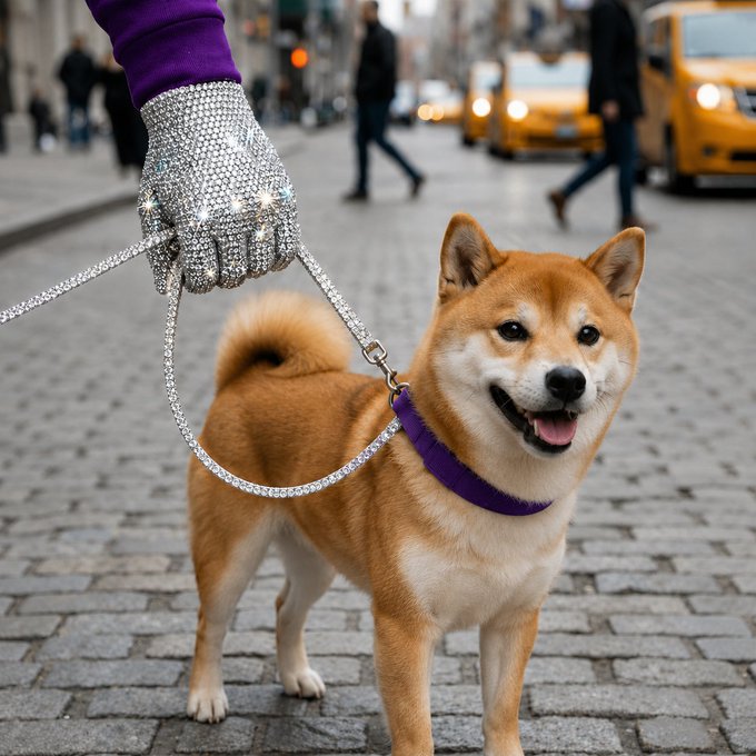 A Shiba Inu dog stands on a cobblestone city street wearing a purple collar, held by a hand in a rhinestone glove holding a sparkling leash, with yellow taxis in the background—imagery playfully connecting the $SHIB cryptocurrency to its canine mascot.