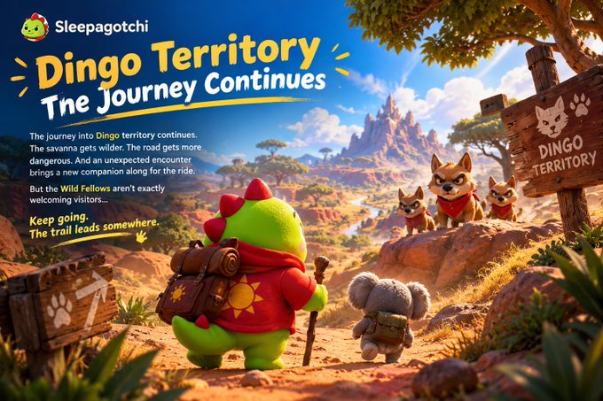 A promotional graphic for 'Sleepagotchi' titled 'Dingo Territory: The Journey Continues,' showing an animated character with a backpack entering a wilderness area.