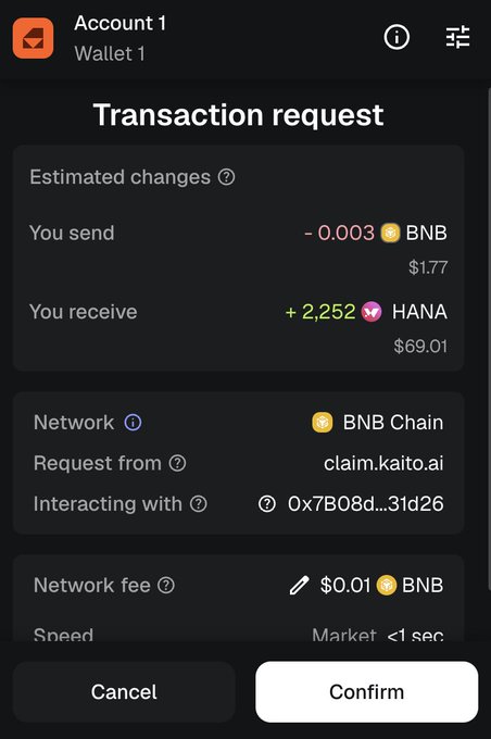 A mobile cryptocurrency wallet transaction request screen showing 0.003 BNB being sent to receive 2,252 HANA tokens, requested from claim.kaito.ai on BNB Chain.