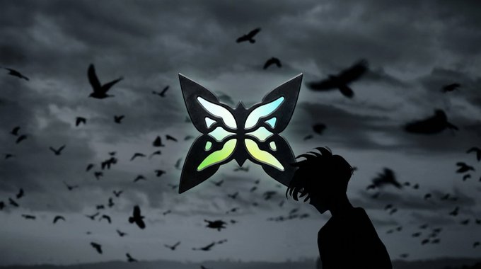 A silhouetted figure stands against a dark, cloudy sky filled with flying birds, with a glowing, neon butterfly logo superimposed near their face.