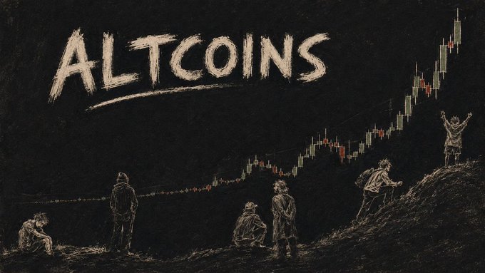 A chalkboard-style illustration titled "ALTCOINS" shows a rising candlestick chart in the background, with several figures in various poses of contemplation, weariness, and climbing along the bottom—visually representing the early stages of an altcoin cycle, from disbelief and boredom before the major rally begins. One figure raises their arms in triumph near the chart's peak, symbolizing the eventual euphoria phase described in the caption.