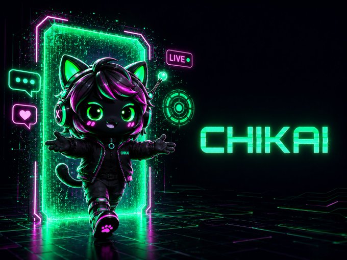Digital artwork featuring a neon-styled chibi cat character with headphones walking through a glowing green portal, labeled 'CHIKAI' with a 'LIVE' indicator and chat bubbles.