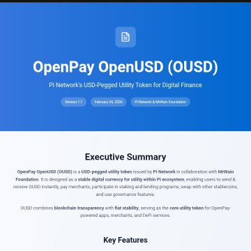 A blue and white webpage introducing OpenPay OpenUSD (OUSD), described as a "Pi Network USD-Pegged Utility Token for Digital Finance," with the Executive Summary detailing its role as a stable digital currency within Pi's ecosystem issued in collaboration with the MrWain Foundation, directly illustrating the post's announcement of OUSD as a new USD-pegged utility token for real-world digital payments.