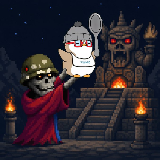 A pixel art illustration features a skeleton in a red robe and green helmet holding up a cute cartoon penguin wearing glasses and a 'PENGU' shirt, set against a dark fantasy backdrop with a demonic statue and burning torches.