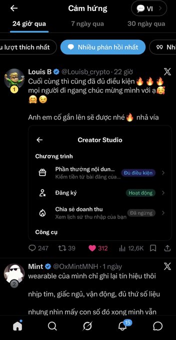 A screenshot of a Twitter/X feed in Vietnamese titled 'Cảm hứng', showing a post from Louis B (@Louisb_crypto) with a screenshot of a 'Creator Studio' dashboard.
