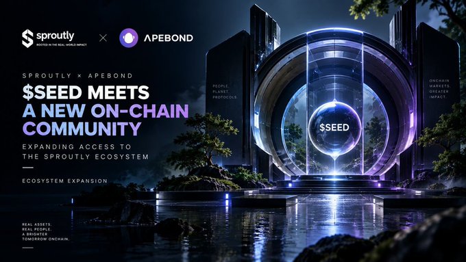 A promotional banner for 'Sproutly x Apebond' announcing '$SEED MEETS A NEW ON-CHAIN COMMUNITY' with futuristic architecture and a glowing orb displaying the $SEED token.