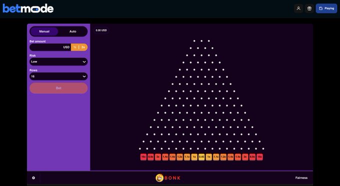 A screenshot of the Betmode crypto gambling platform shows a Plinko game in progress, with a bet amount of 1 USD and 16 rows set to "Low" risk, displayed above a triangular pegboard and colored multiplier slots at the bottom ranging from 5.5x to 1000x. The post promotes the plinko game on Betmode and offers a giveaway to users who sign up through the referral link.