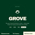 A dark green webpage header for 'GROVE' displays the tagline 'Buy your tickets for the show you want' and mentions 'Pick your seat' along with tabs for 'Instant Alerts', 'On Theaters', and 'Upcoming Alerts'.