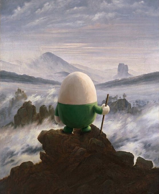 A surreal painting of a green and white egg-shaped character with a walking stick standing on a mountain peak above the clouds.