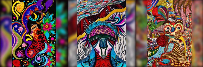 Three vibrant, colorful psychedelic artworks featuring intricate patterns, abstract figures, and stylized eyes.