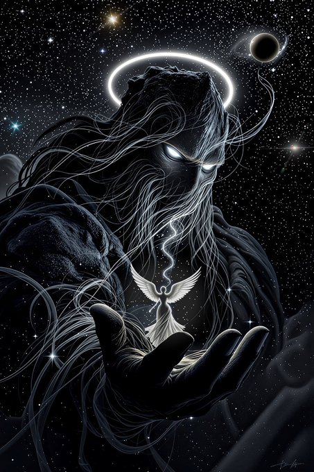A dramatic illustration of a shadowy, hooded deity-like figure with glowing eyes and a halo, holding a small luminous angel in an outstretched hand against a starry cosmic background.