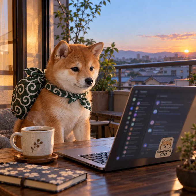 A Shiba Inu dog wearing a green patterned bandana sits at a wooden table with a steaming coffee mug, a floral notebook, and a laptop displaying code, with a sunset cityscape in the background and a sticker reading "MAMESUKE CTO".