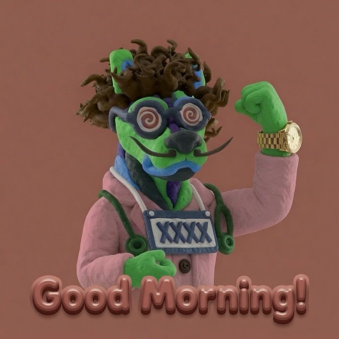 A claymation-style green-faced character with swirling glasses, wild hair, a curled mustache, and a "XXXX" bib flexes a gold Rolex-adorned arm, accompanied by glossy "Good Morning!" text — matching the post's cheerful morning greeting while whimsically referencing the speculative Pumpfun airdrop question.