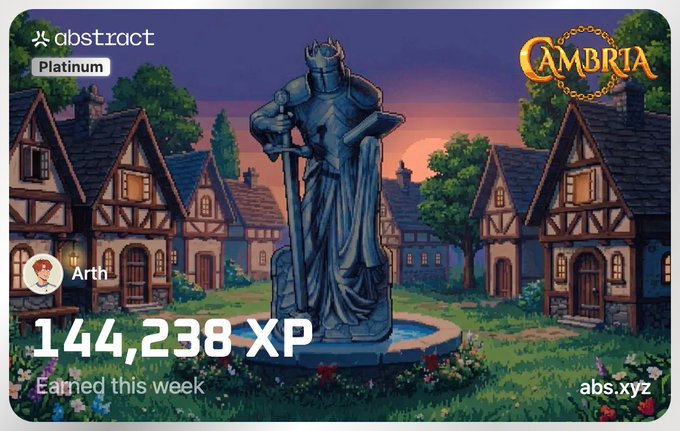 The image features a cartoon illustration of a castle with a knight holding a sword, surrounded by buildings and trees. The text "Abstract Week" appears at the top left corner, while the numbers "144,238 XP" are located on the bottom right side. Additionally, there is a caption that reads "Abstract Week 72 recap".