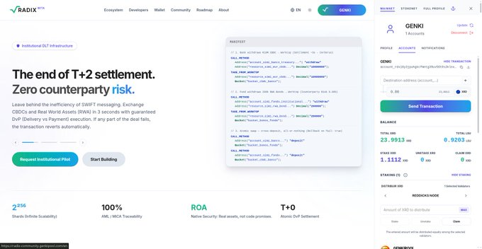The image shows a website called radix-community.genkipool.com, which has an update that allows users to connect their wallet to the site for direct stake transactions or claim multiple validators' stake in a single transaction. The website also provides information about different staking modes and how to use them effectively.