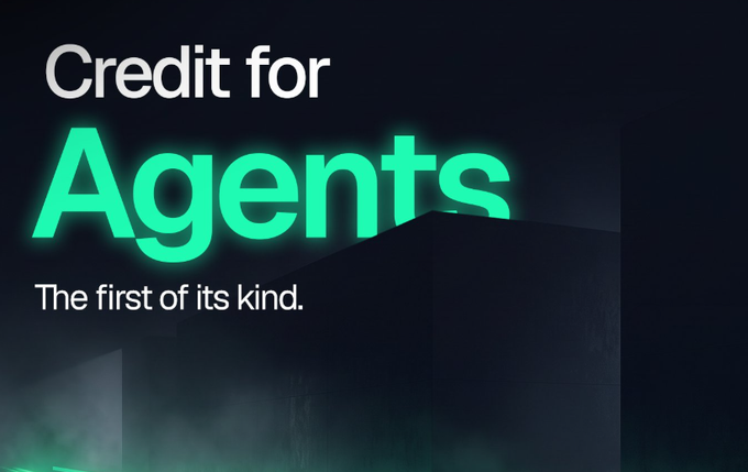 A dark promotional graphic features the text 'Credit for Agents' in white and glowing green, with the tagline 'The first of its kind.'