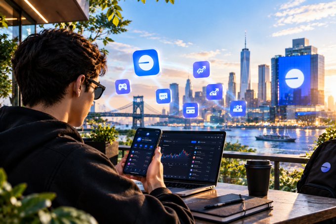 A person sits at a table with a laptop and smartphone displaying trading charts, with floating app icons and a city skyline in the background.
