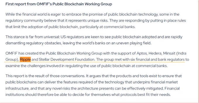 The image shows a section from a webpage titled "First report from OMFIF's Public Blockchain Working Group," which discusses regulatory engagement on public blockchain technology at commercial banks. It highlights that OMFIF created the working group with support from Aptos, Hedera, Minsait (Indra Group), Ripple, and Stellar Development Foundation, and notes that six financial regulators participated in the discussions—aligning with the accompanying post about Ripple actively engaging with regulators rather than merely reacting to them.