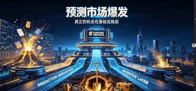 A futuristic cityscape graphic with Chinese text translating to 'Prediction Market Explosion' centered around 'FORTUNE PROTOCOL', highlighting infrastructure components like Liquidity Hub, Prediction Derivatives, AI Agents, and Incentive Layer.