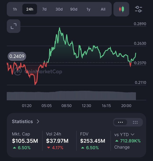 A CoinMarketCap 24-hour cryptocurrency price chart showing a current price of $0.2409, with a market cap of $105.35M and a 712.89K% YTD gain.