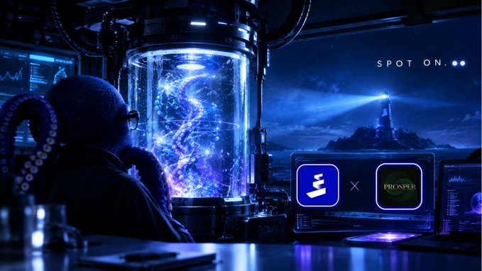 A dark, futuristic scene featuring an octopus scientist examining a glowing DNA helix in a containment chamber, with "SPOT ON." text and logos including "PROSPER".