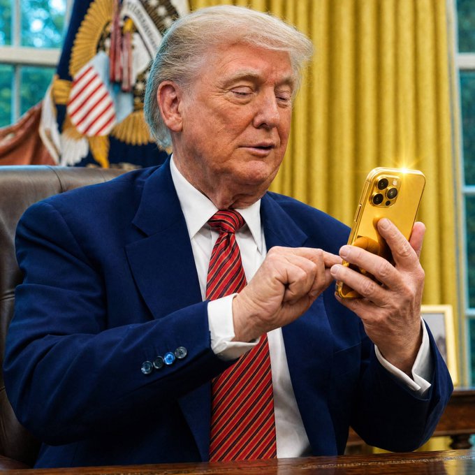 Donald Trump is shown using a shiny gold iPhone, seemingly in a setting reminiscent of the Oval Office. This image visually represents the claim from the accompanying post that "trump on a fone since 2016."
